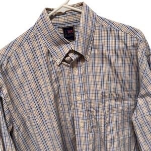 T. Harris London Mens Blue Tan Plaid Button Down Shirt Long Sleeve Pocket L‎